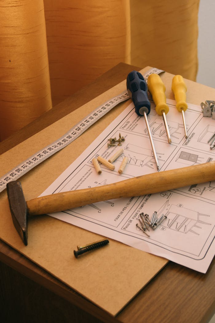 services-01 A set of tools and instructions for assembling DIY furniture, including a hammer and screwdrivers.